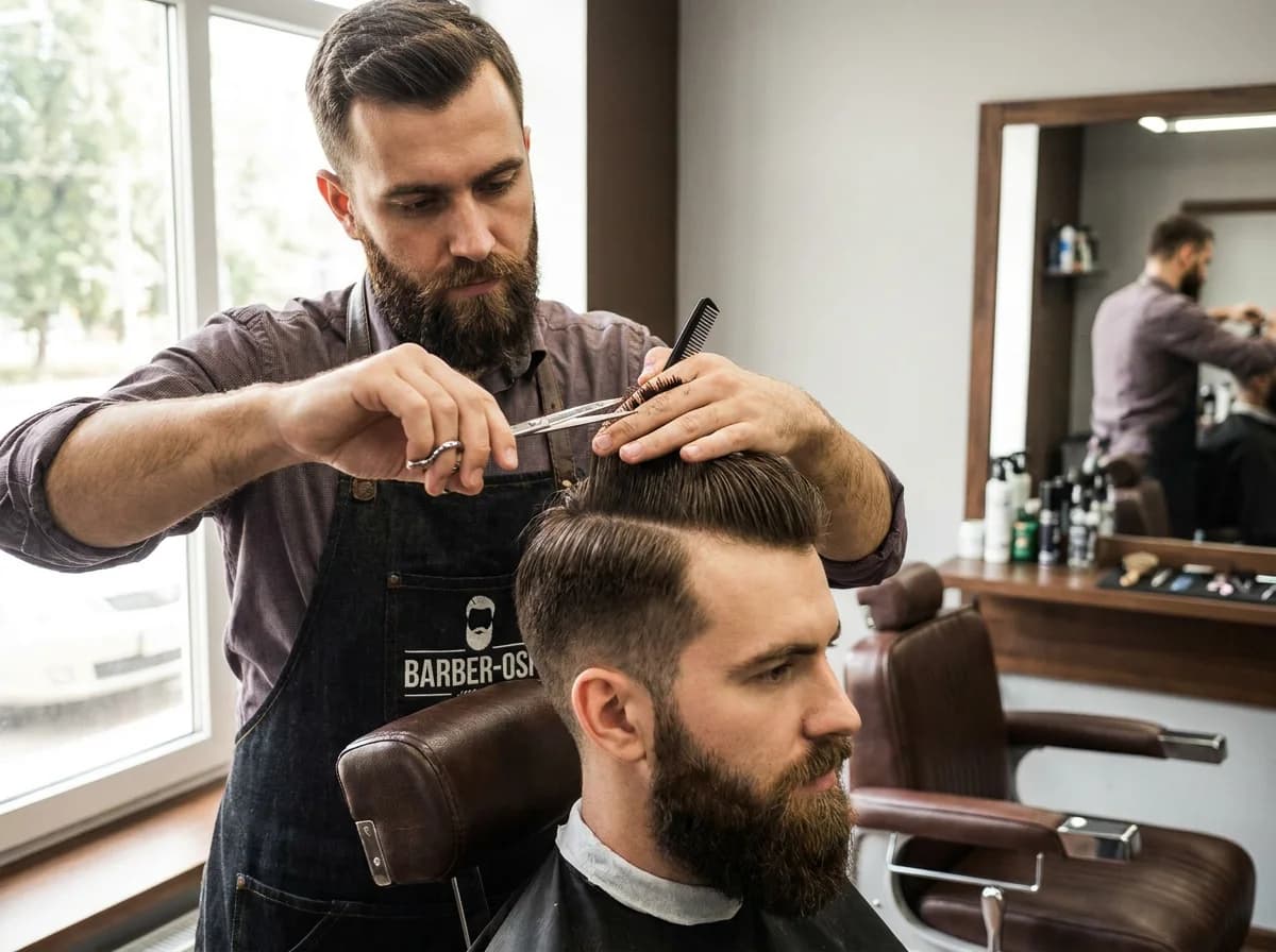 Barber trimming a client's hair in a chair