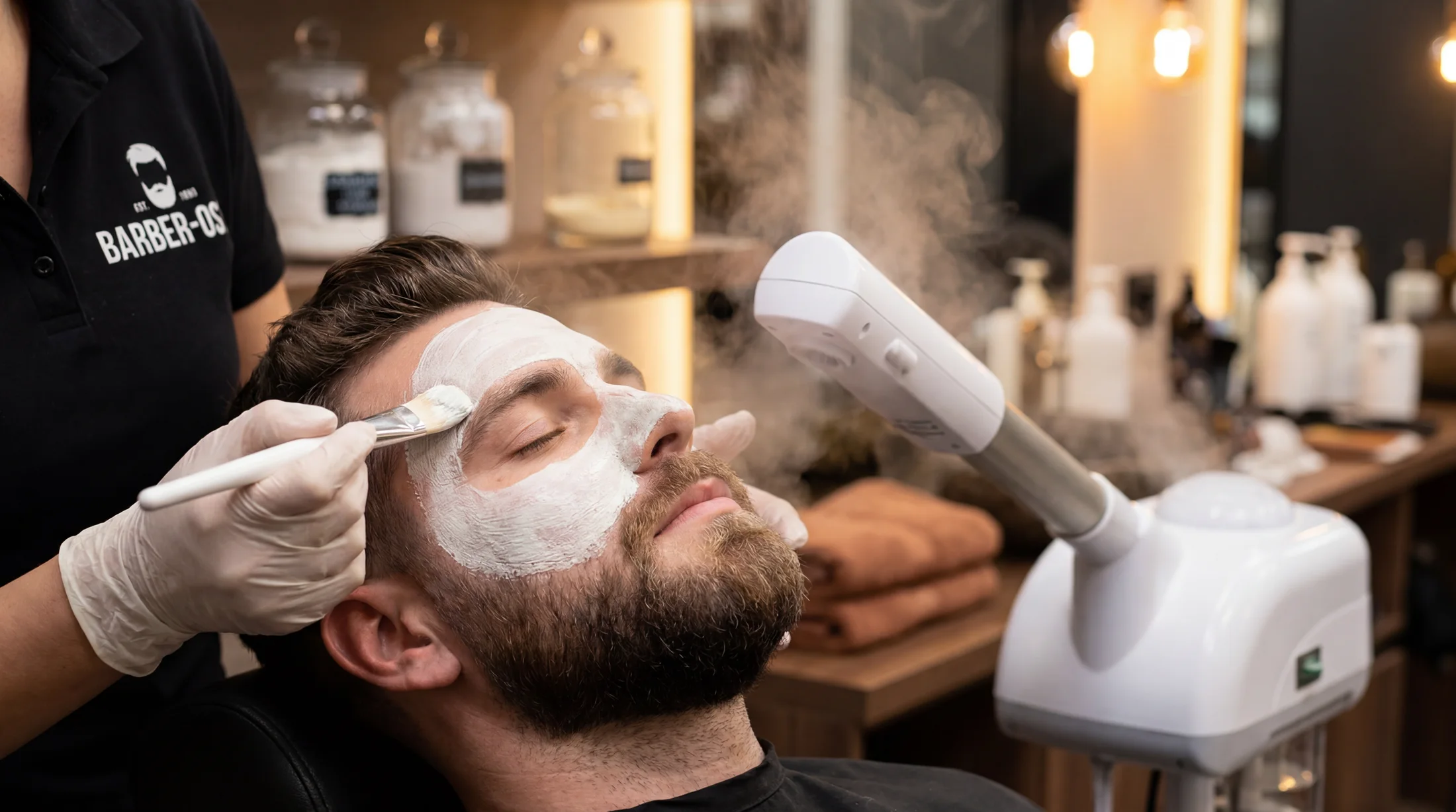 Client receiving a facial treatment with steam