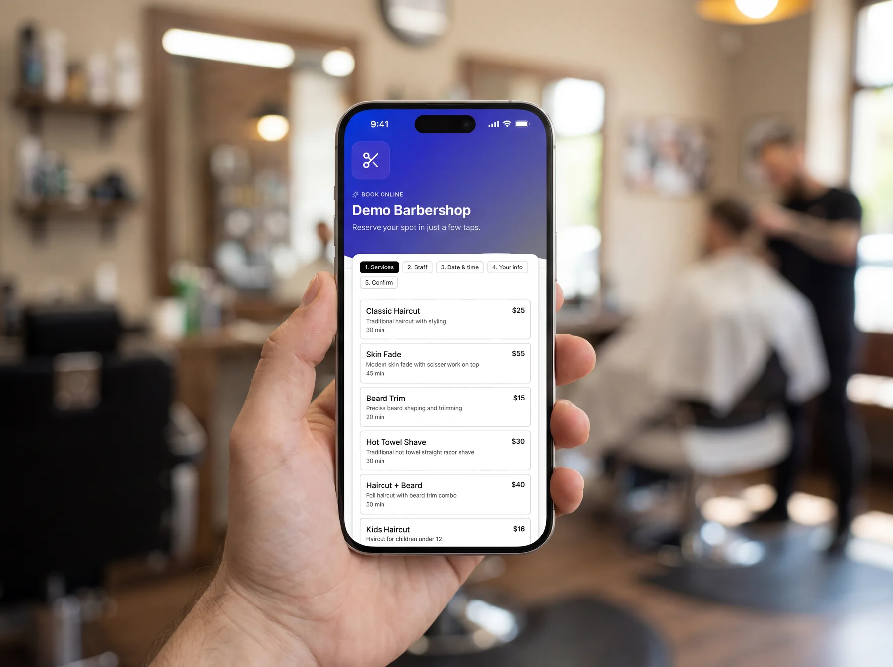 Phone showing the BarberOS online booking flow inside a barbershop