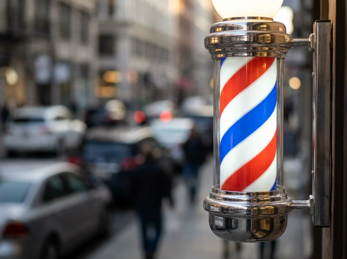 Classic barber pole mounted on a city storefront