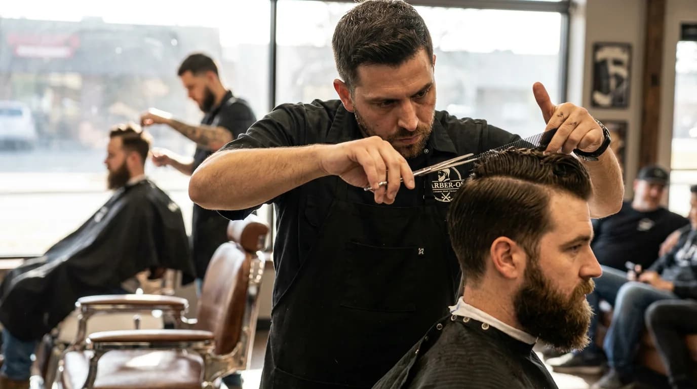 Tablet showing the BarberOS scanner and visit form in a barbershop