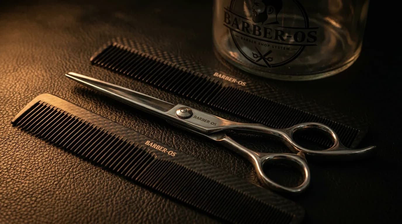 Barber scissors and combs on a leather workstation