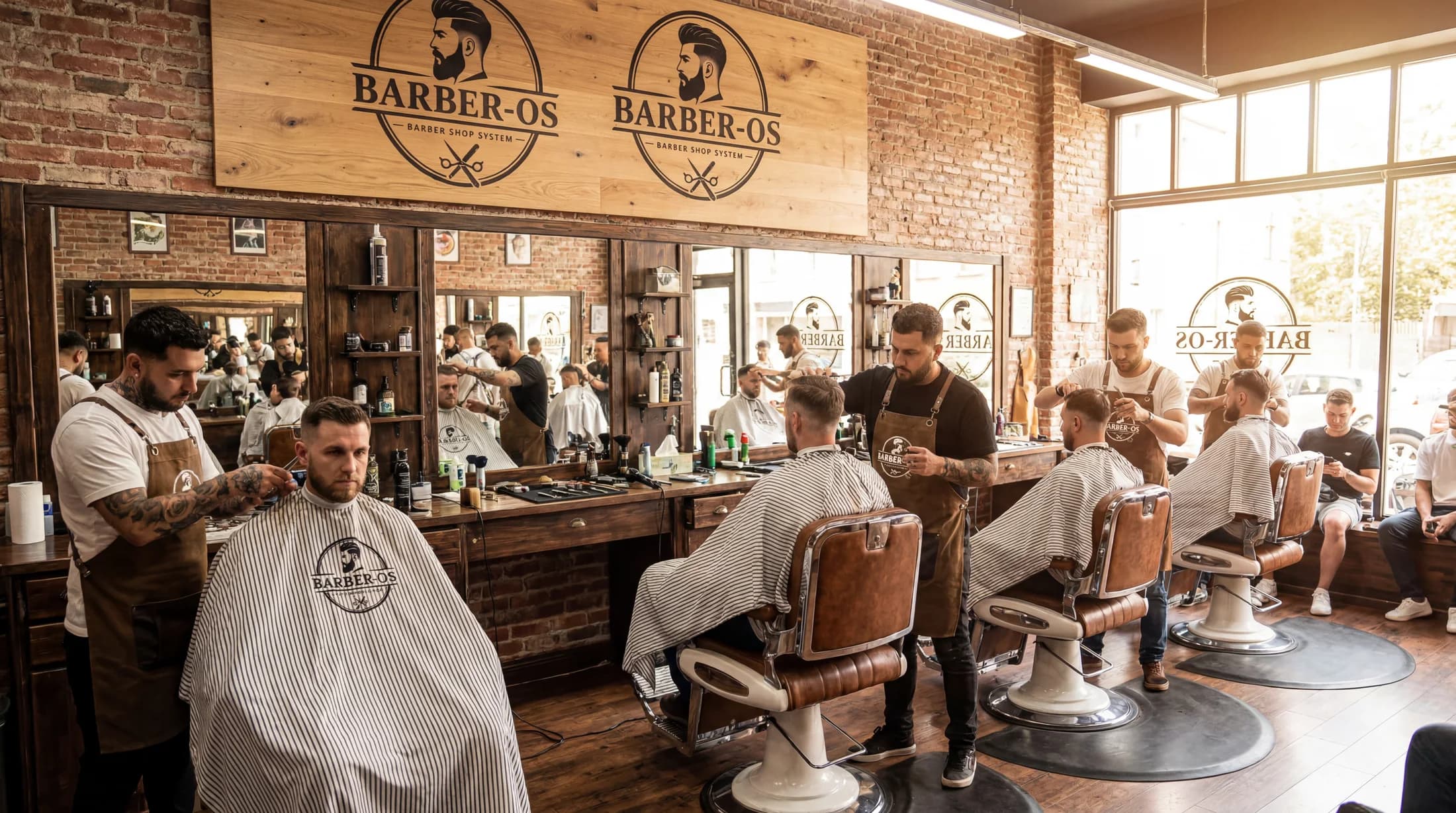 Busy BarberOS shop interior with multiple chairs in service