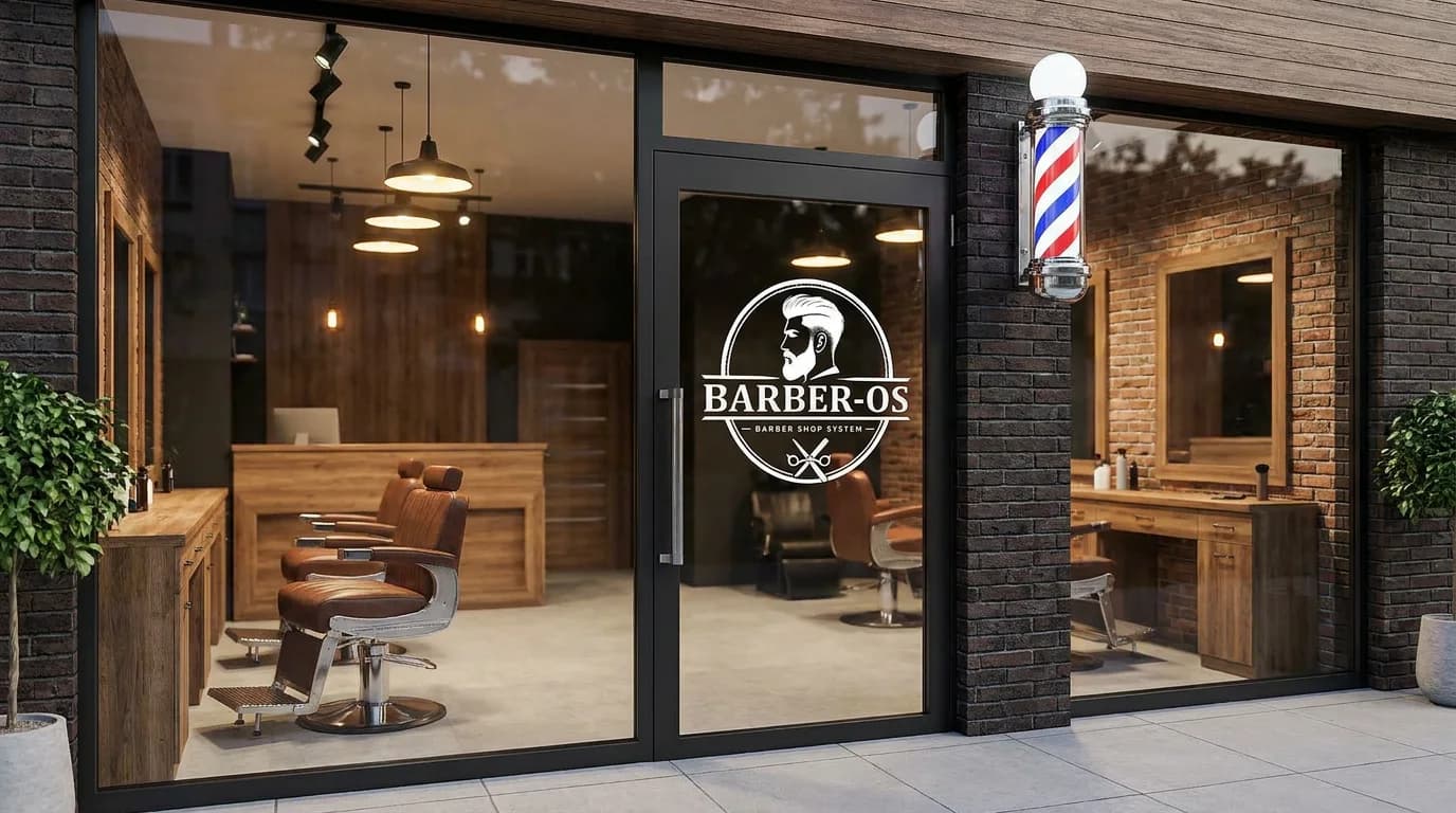 BarberOS storefront with lit barber pole and interior chairs