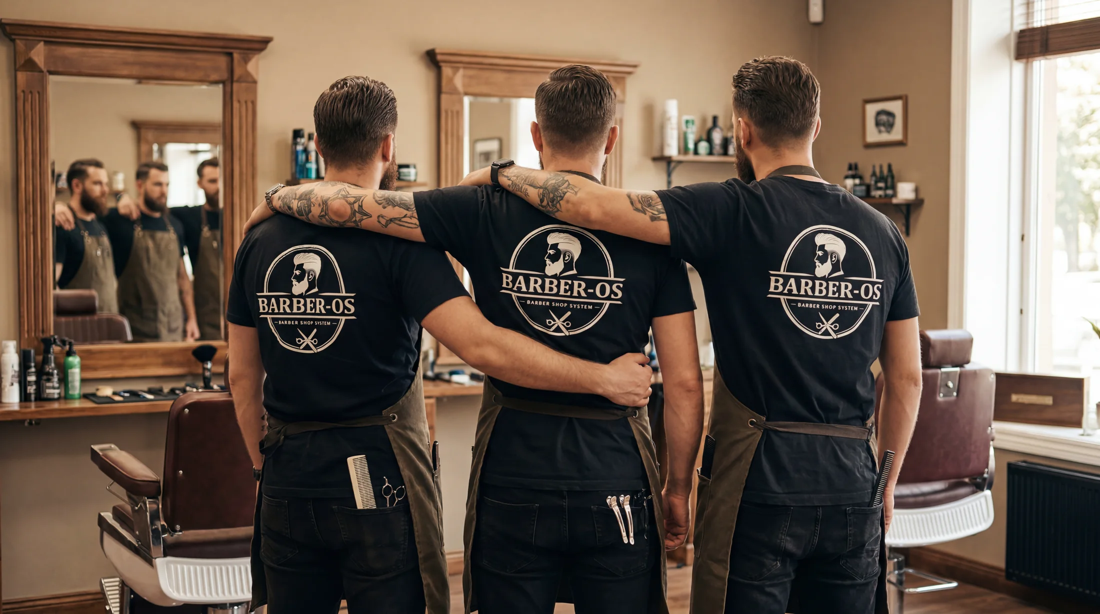 Three barbers standing together in the shop